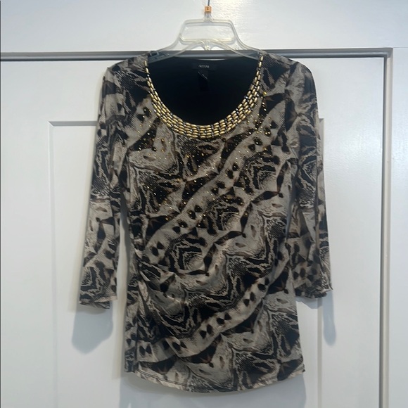 Alfani Tops - Alfani snakeskin bedazzled mesh top with lining and bell sleeves size medium.